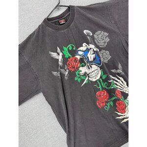 Vtg Hoss Tee Skull Rose Grunge Art Mens 4XL T-Shirt Embroidered Bling Y2K